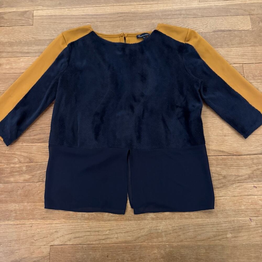 Ermanna blue gold fuzzy 3/4 sleeve blouse shirt top size large L b12